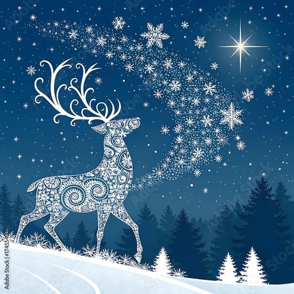 Obraz Vast winter night sky illuminated by swirling snowflakes shaping a glowing stag, blending magical winter beauty, seasonal wonder, and timeless festive symbolism into a captivating holiday atmosphere