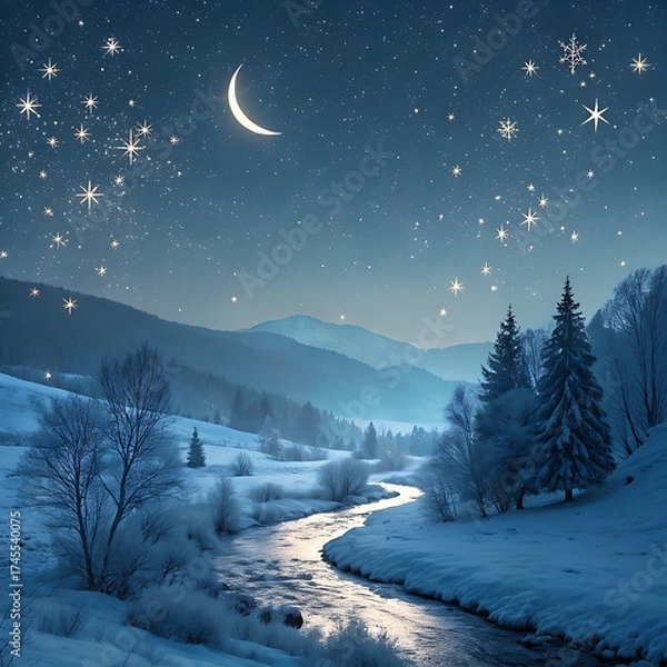 Fototapeta Dreamy winter landscape where shimmering stars cascade like snow, forming a glowing celestial river flowing through a serene snowy valley beneath a radiant crescent moon under a magical night sky