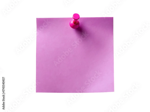Fototapeta A single blank pink sticky note attached to a wall with a bright pink pushpin isolated on transparent background