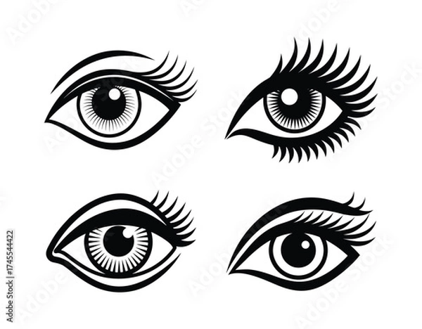 Fototapeta Four stylized black and white hand drawn eyes with detailed lashes isolated on transparent background