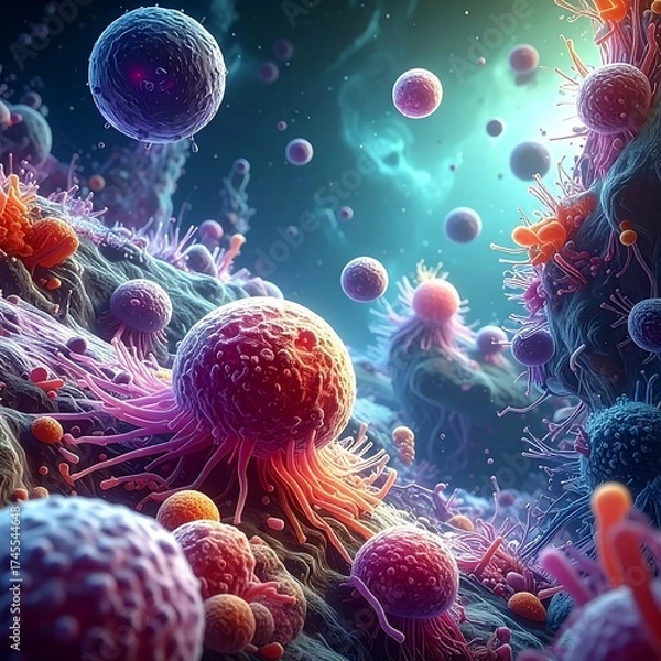 Fototapeta Macro view of cells with vibrant colors and textures