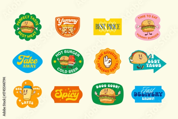 Fototapeta Groovy Burger Retro Character Stickers Set. Cartoon Hamburger, Taco, Coffee, Pizza and Beer. Vector Street Food Mascot Templates Patches Collection. Vintage Fast Food Illustrations Isolated