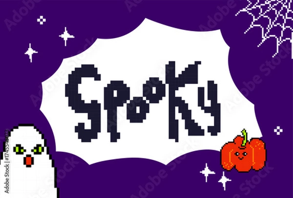 Fototapeta Spooky pixel art Halloween poster with ghost and pumpkin on purple & black background. Retro 8bit video game style vector for cards, invitations, and party flyers.
