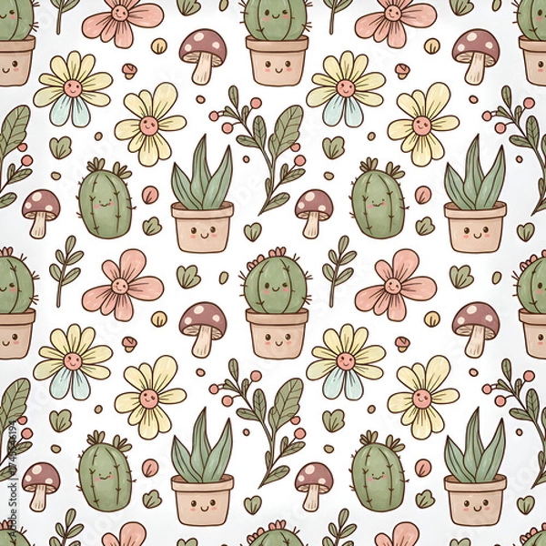 Fototapeta Seamless Pattern of Cute Cacti Succulents Flowers and Mushrooms.