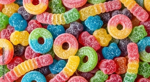 Fototapeta A vibrant and sugary assortment of colorful gummy candies, offering a sweet and playful confection treat.
