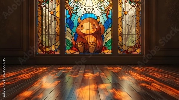 Fototapeta Whimsical creature sits in the glowing stained glass window, casting colorful light across the wooden floor.