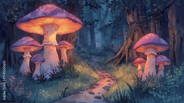 Fototapeta Mystical Mushroom Grove A whimsical forest scene with glowing fungi, path and shadowy trees creates dreamlike ambience.