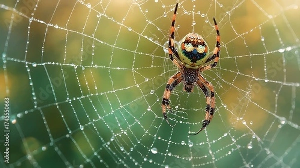 Fototapeta A vibrant spider hangs suspended in its web, glistening with countless dewdrops, a morning marvel.