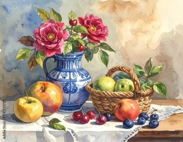 Obraz Still life with roses, apples, and fruit