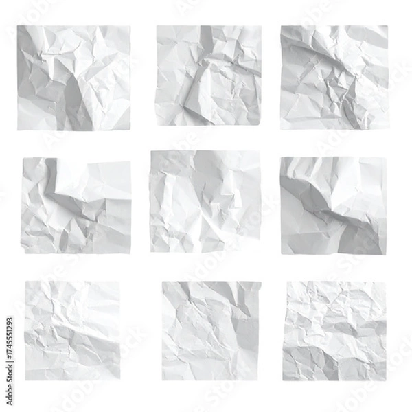 Fototapeta Nine square images showing crumpled white paper, with various textures, arranged in a grid