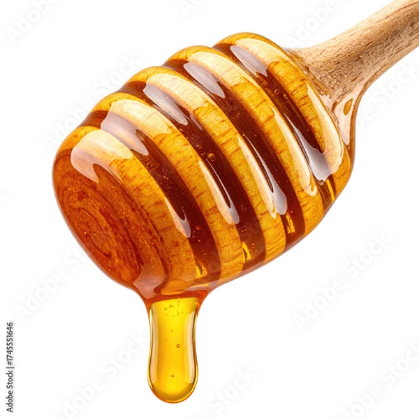 Fototapeta Close-up of a wooden honey dipper dripping golden, viscous liquid against a black background