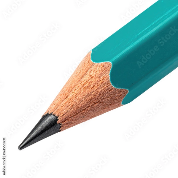 Fototapeta Close-up of a teal pencil tip, showing wood grain and graphite point, against a black background