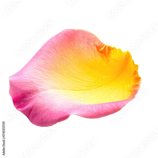 Fototapeta Close-up of a vibrant, gradient rose petal, pink to yellow, isolated on a black background