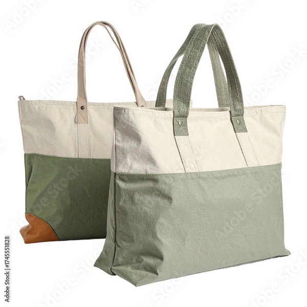 Fototapeta Two-tone tote bags with cream and green color blocking, featuring leather accents