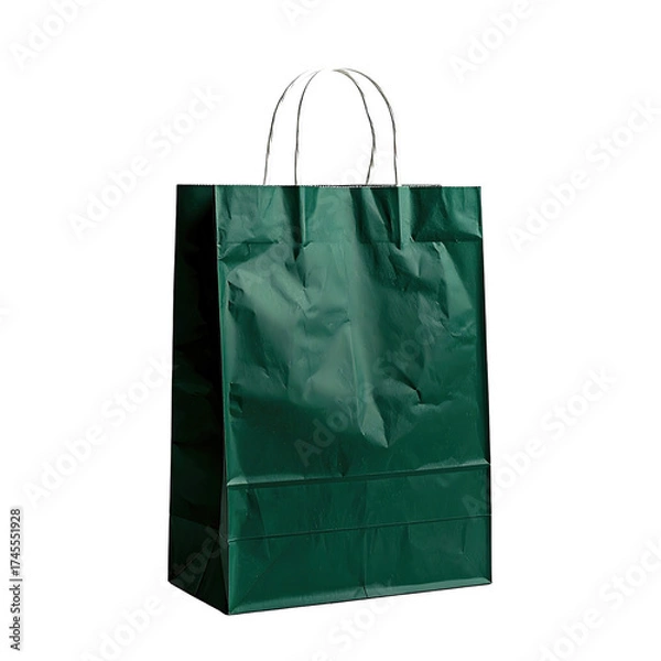 Fototapeta A dark green, crumpled paper shopping bag with white rope handles on a black background
