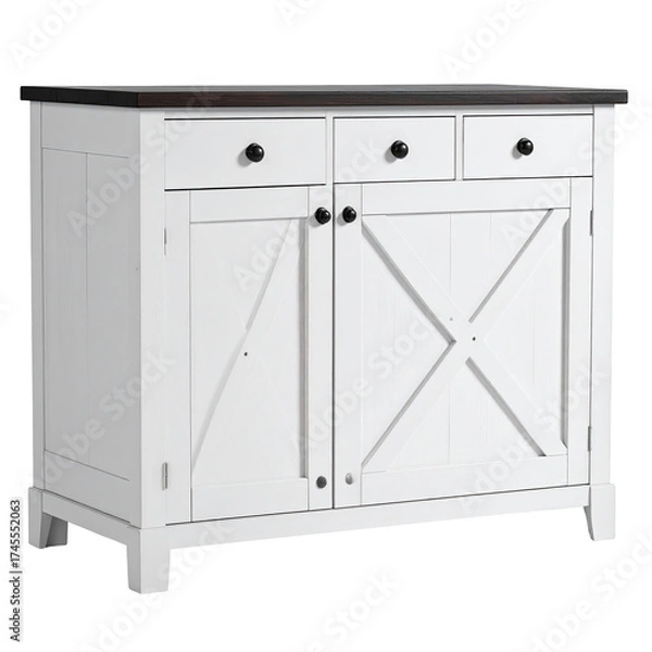 Fototapeta White cabinet with dark countertop, drawers, and doors featuring an X design