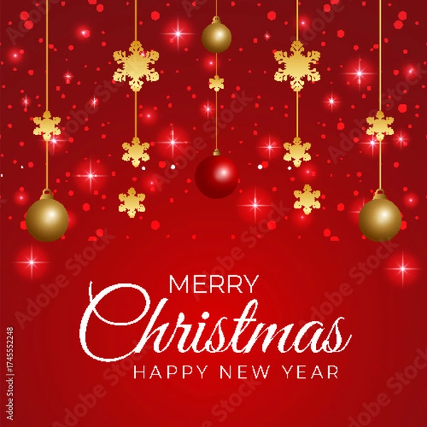 Obraz Realistic Christmas greeting card with golden ball and golden star  black background