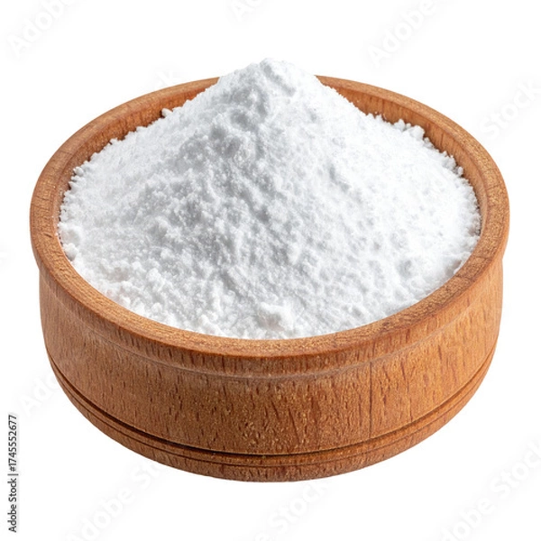 Fototapeta A wooden bowl filled with a mound of fine, white powder, against a black backdrop