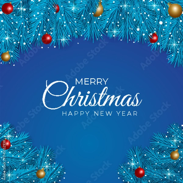 Fototapeta Realistic christmas background leaf with snow and christmas light