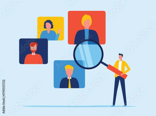 Obraz business searching people profile for job hiring. with a businessman standing holding a magnifying glass. flat vector illustration concept
