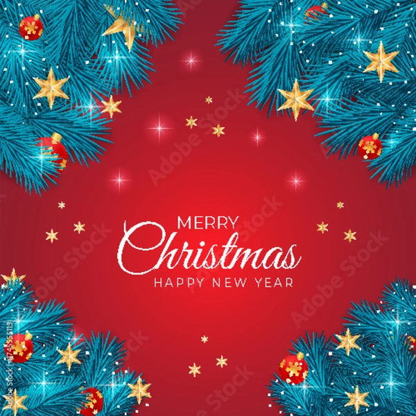 Obraz Realistic christmas background and rad ball leaf with snow and christmas light