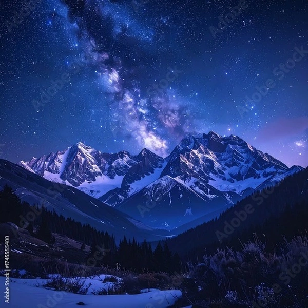 Fototapeta Majestic starry night over snow-capped mountain range