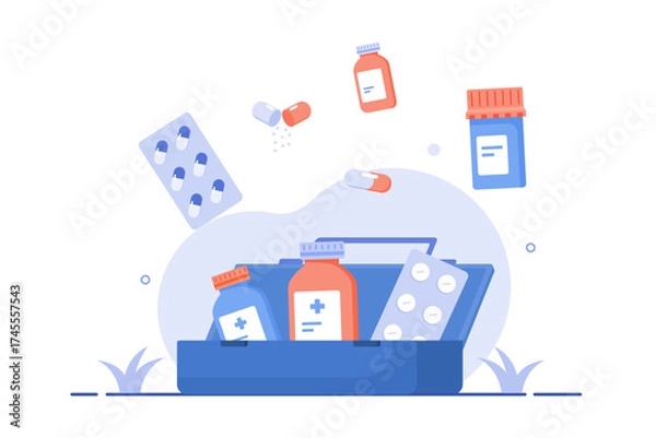 Fototapeta Illustration of an open first aid kit filled with medicine bottles and blister packs, with additional pills and bottles floating above, symbolizing medical supplies or active treatment.