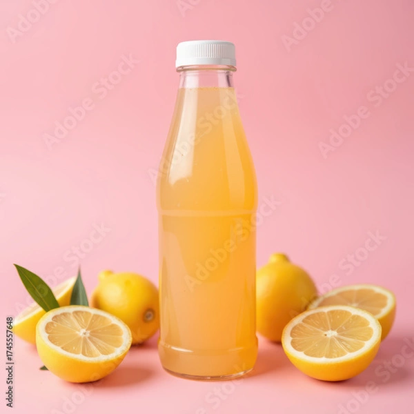 Obraz Fresh lemon juice in clear bottle with sliced lemons on pink background, evoking refreshing and vibrant feel