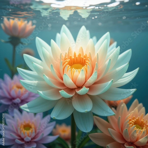Obraz Vibrant water lilies bloom gracefully underwater, showcasing delicate petals in soft hues of pink and orange, creating serene aquatic scene