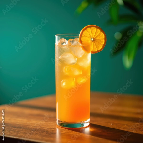 Obraz Refreshing orange drink with ice, garnished with slice of orange, set against vibrant green background