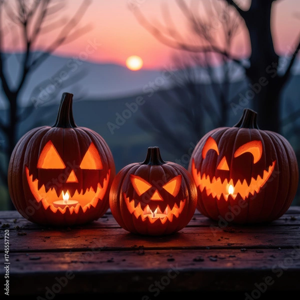 Obraz Spooky Halloween pumpkins with carved faces glowing at sunset create festive atmosphere