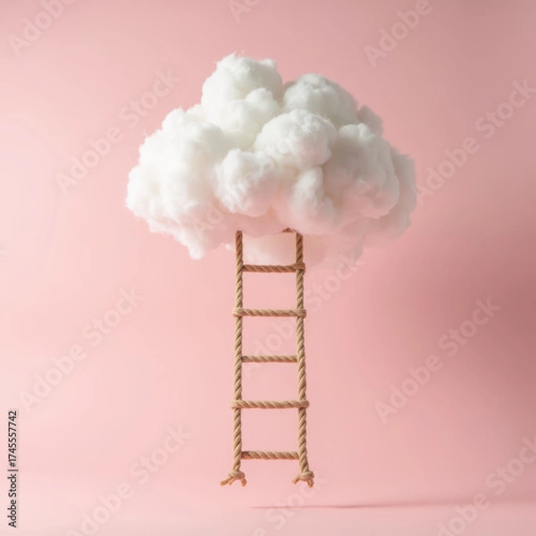 Obraz Fluffy cloud suspended above rope ladder against soft pink background, creating whimsical and dreamy atmosphere