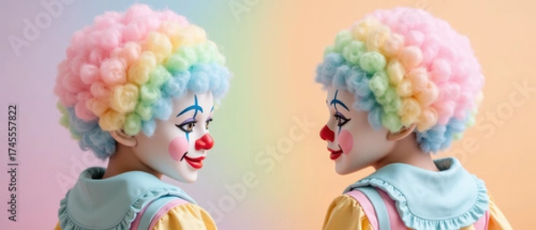 Obraz Colorful clown dolls with pastel wigs and cheerful expressions, showcasing playful and whimsical features