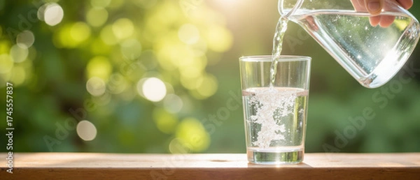 Obraz Refreshing water is being poured into clear glass, capturing essence of hydration and vitality in natural setting