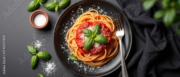 Obraz Delicious spaghetti topped with rich tomato sauce and fresh basil leaves, served on black plate, creating inviting culinary experience
