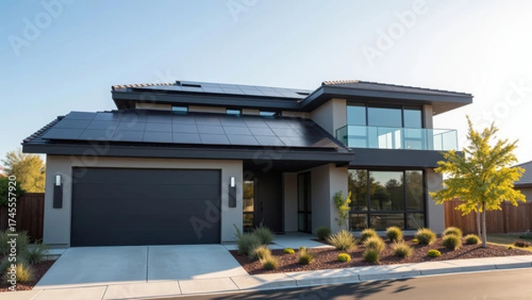 Obraz Modern house with solar panels, large windows, and sleek design, surrounded by landscaping and clear sky