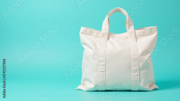 Obraz Stylish white tote bag on vibrant turquoise background, perfect for everyday use and shopping