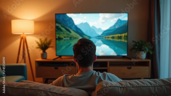 Obraz Person enjoys serene view of mountains and lake on large television screen in cozy living room. warm lighting creates relaxing atmosphere