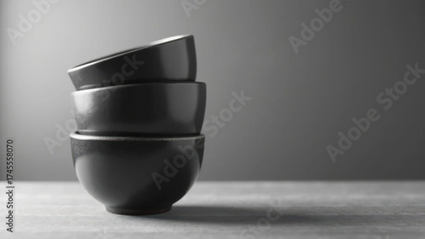 Obraz Elegant black bowls stacked on wooden surface create minimalist aesthetic, perfect for modern dining or kitchen decor