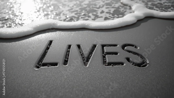 Obraz Sand writing with word LIVES near ocean waves creates serene and reflective atmosphere