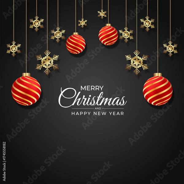 Fototapeta Christmas background with red ball and golden shonoflackes