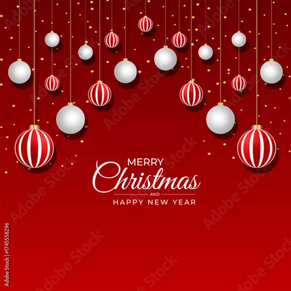 Obraz Christmas background with red and white ball christmas ornaments