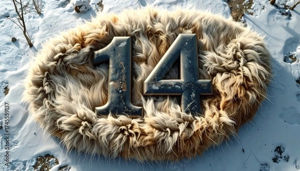 Fototapeta Metallic number "14" set on a furry background
