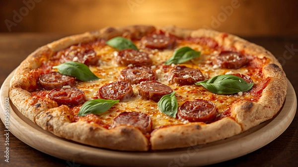 Obraz Delicious pepperoni pizza slice with melted mozzarella and basil
