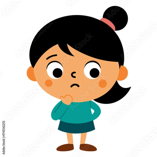 Fototapeta Pensive cartoon girl pondering a problem with hand on chin illustration art cute isolated