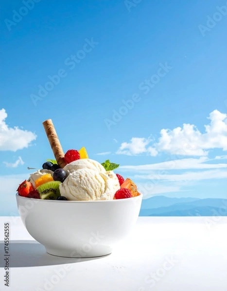 Fototapeta Creamy vanilla ice cream topped with fresh fruit, a waffle stick, and a scenic backdrop