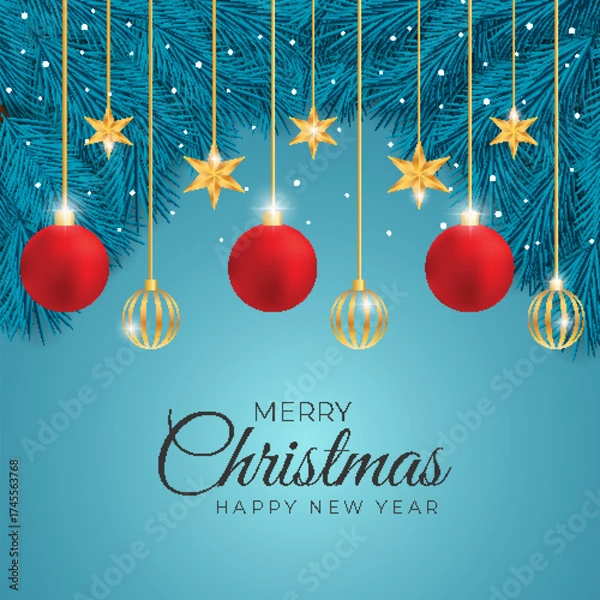 Obraz Realistic merry christmas leaf decorated with red ball and golden star