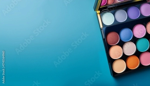 Fototapeta a colorful makeup palette against a serene blue background vibrant yet balanced copy space below ad aesthetic