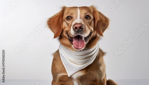 Fototapeta a cheerful dog wearing a white bandana sitting against a clean white background radiating joy and friendliness