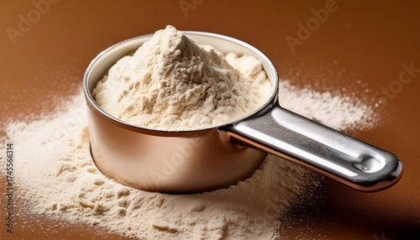 Fototapeta close up view of a measuring spoon filled with white protein powder on a brown background top angle